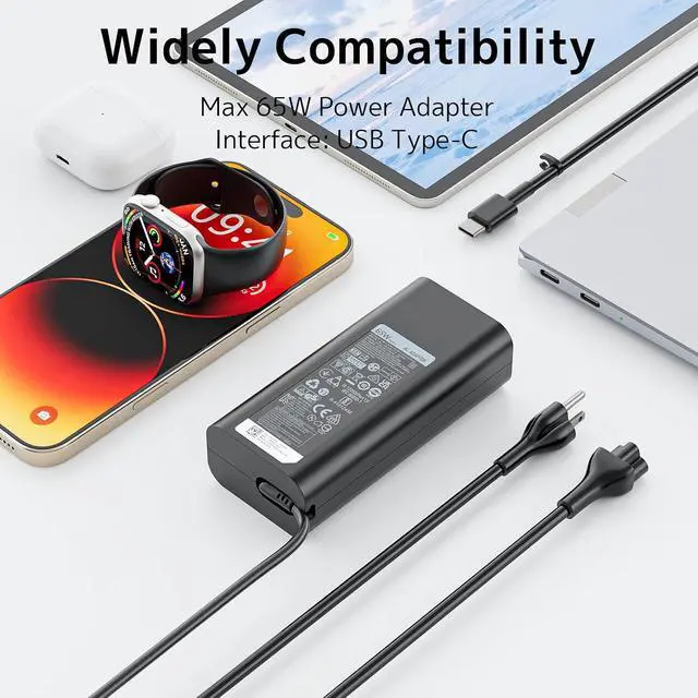 Alt view image 7 of 7 - 65W USB Type C Laptop Charger Fit for Dell Latitude Inspiron XPS Chromebook | 65W/45W PD Fast Charging | Smart Temperature Control | Wide Compatibility | Compact Design | Multiple Protection