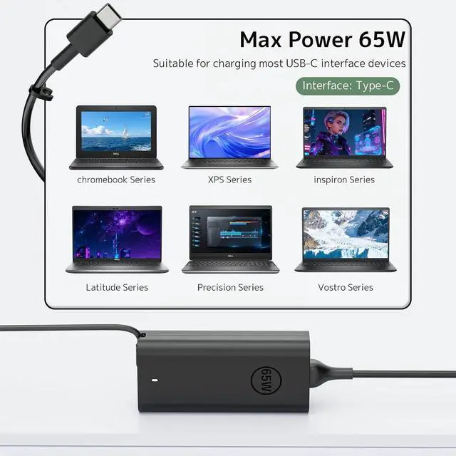 Alt view image 5 of 7 - 65W USB Type C Laptop Charger Fit for Dell Latitude Inspiron XPS Chromebook | 65W/45W PD Fast Charging | Smart Temperature Control | Wide Compatibility | Compact Design | Multiple Protection