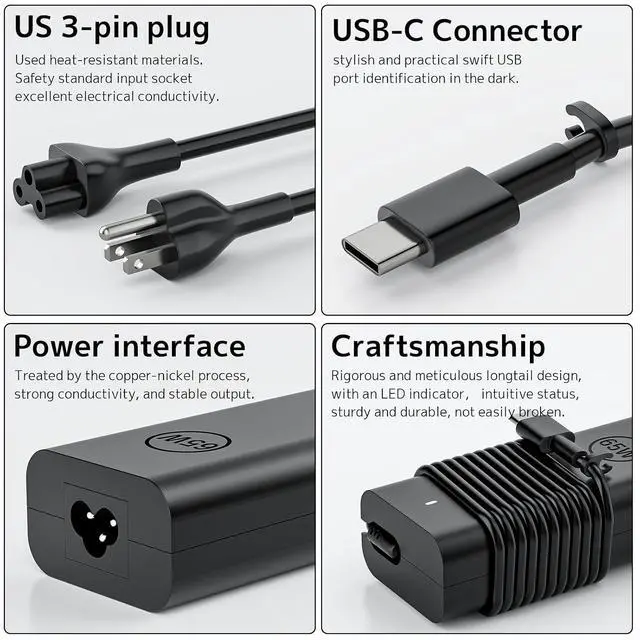 Alt view image 6 of 7 - 65W USB Type C Laptop Charger Fit for Dell Latitude Inspiron XPS Chromebook | 65W/45W PD Fast Charging | Smart Temperature Control | Wide Compatibility | Compact Design | Multiple Protection