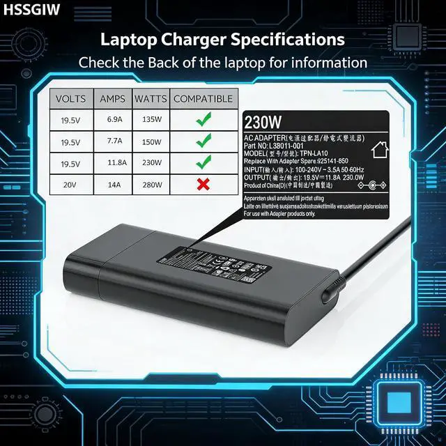 Alt view image 2 of 7 - 230W 200W Gaming Laptop Charger Compatible with HP Omen 15 16 17 Transcend 16.1"; Victus 16 ZBook Studio Fury Envy 16 17 G8 G9 G10 19.5V 11.8A AC Adapter TPN-Q265 TPN-LA10 TPN-DA12 Power Supply Cord