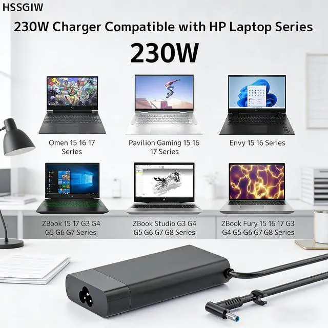 Alt view image 3 of 7 - 230W 200W Gaming Laptop Charger Compatible with HP Omen 15 16 17 Transcend 16.1"; Victus 16 ZBook Studio Fury Envy 16 17 G8 G9 G10 19.5V 11.8A AC Adapter TPN-Q265 TPN-LA10 TPN-DA12 Power Supply Cord