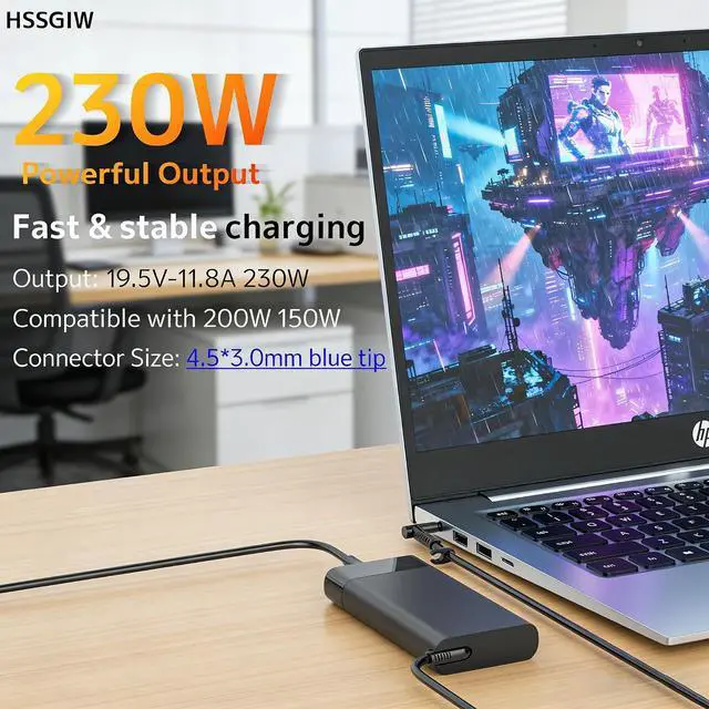Alt view image 6 of 7 - 230W 200W Gaming Laptop Charger Compatible with HP Omen 15 16 17 Transcend 16.1"; Victus 16 ZBook Studio Fury Envy 16 17 G8 G9 G10 19.5V 11.8A AC Adapter TPN-Q265 TPN-LA10 TPN-DA12 Power Supply Cord