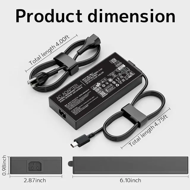 Alt view image 3 of 7 - 240W Laptop Charger Fit for ASUS ROG Zephyrus G14 G16 GA403 GA605 GU605, TUF Gaming A14 A16 A18 FA401 FA608 FA808, ROG Flow Z13 GZ302, ProArt PX13 P16 H7606, Power Adapter A20-240p1a ADP-240EB BH