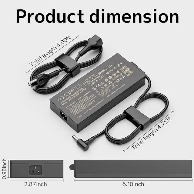 Alt view image 3 of 7 - 240W 20V 10A laptop Charger Fit for Asus Rog Zephyrus Duo 15 G14 GA402 G15 G16 M16 GU603; Vivobook Pro 15X 16X S15 S17 GX502; Flow X16 GV601 TUF A15 A17 F15 F16 F17 AC Adapter ADP-240EB B Power Supply