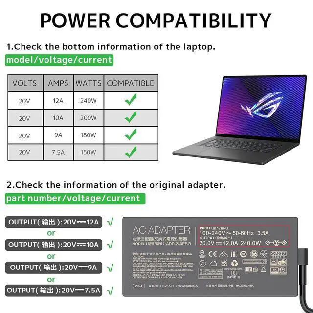Alt view image 4 of 7 - 240W 20V 10A laptop Charger Fit for Asus Rog Zephyrus Duo 15 G14 GA402 G15 G16 M16 GU603; Vivobook Pro 15X 16X S15 S17 GX502; Flow X16 GV601 TUF A15 A17 F15 F16 F17 AC Adapter ADP-240EB B Power Supply