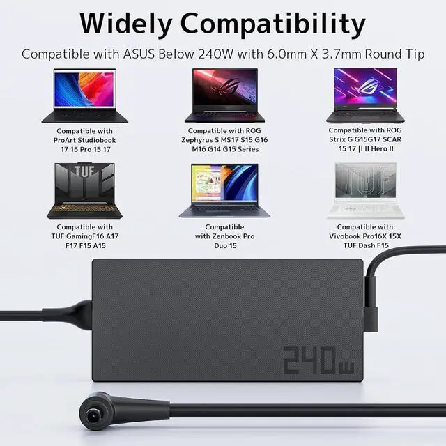 Alt view image 6 of 7 - 240W 20V 10A laptop Charger Fit for Asus Rog Zephyrus Duo 15 G14 GA402 G15 G16 M16 GU603; Vivobook Pro 15X 16X S15 S17 GX502; Flow X16 GV601 TUF A15 A17 F15 F16 F17 AC Adapter ADP-240EB B Power Supply
