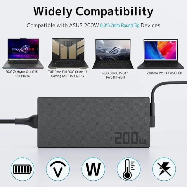 Alt view image 5 of 7 - 200W Gaming Laptop Charger Replacement for Asus Rog Zephyrus G15 G16 GA503 GA605 GA503QM GA503QR GA503QS;Studio 17 PX713 ROG Strix G17 G15 TUF A14 A15 F15 F17 AC Adapter ADP-200JB D Power Supply Cord