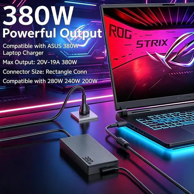 Alt view image 6 of 7 - 380W GaN Slim Laptop Charger Compatible with Asus ROG Strix G18 G815 G815LW G815LW-S9091W AC Adapter; ROG Strix Scar 16 18 G635 G635LW G835 G835LW G835LX ADP-380AB B A24-380P1A Power Supply Cord