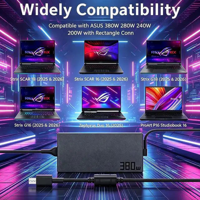 Alt view image 7 of 7 - 380W GaN Slim Laptop Charger Compatible with Asus ROG Strix G18 G815 G815LW G815LW-S9091W AC Adapter; ROG Strix Scar 16 18 G635 G635LW G835 G835LW G835LX ADP-380AB B A24-380P1A Power Supply Cord