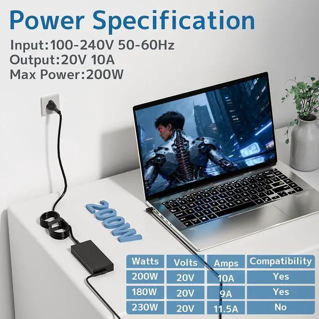 Alt view image 3 of 7 - 200W Charger Fit for ASUS ROG Zephyrus G15 TUF Gaming Laptop adp-200jb d | Overheat Protection, 6.0 x 3.7mm Round Tip, 180W Fast Charging for ROG Strix Power Supply TUF Dash F15 Computer AC Adapter