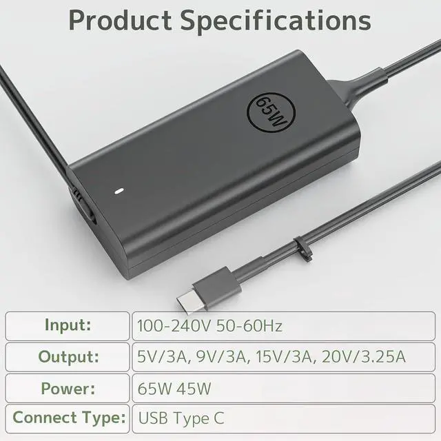 Alt view image 7 of 7 - 65W 45W USB Type C Laptop Charger Fit for Dell Latitude XPS 13 AC Adapter | Gen 5 Optimized Circuit, PD Fast Charging, Travel Power Cord For Latitude 3000 5000 e5440 7000 Chromebook 3100 Inspiron USBC