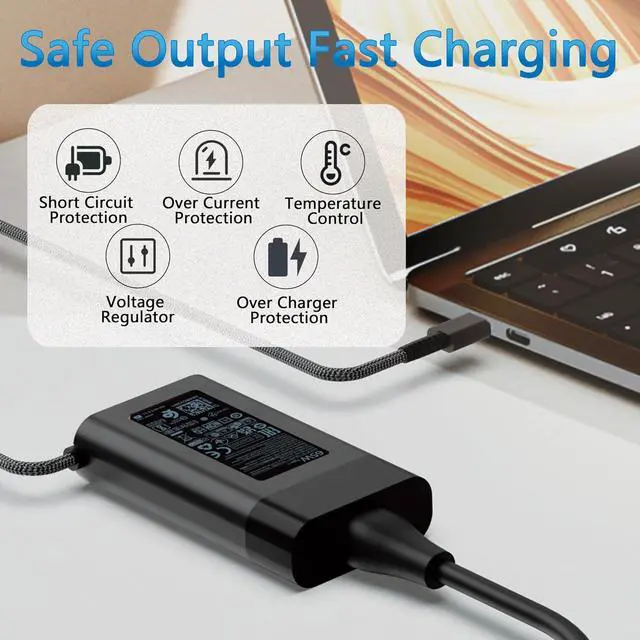 Alt view image 4 of 7 - 65W Type C Charger Fit for HP Envy Chromebook Spectre x360 Omnibook Laptop | New Slim, PD Fast Charging, Universal, Travel, 45W USB C AC Adapter For Elitebook Pavilion Elite x2 20V 3.25A Power Supply