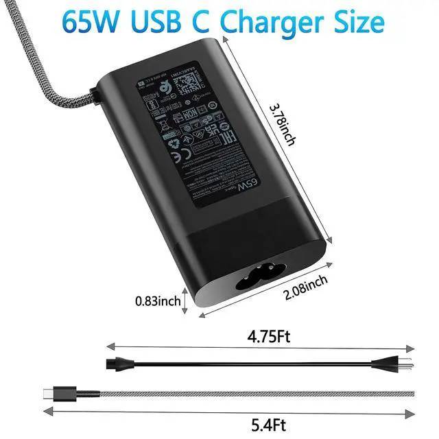 Alt view image 6 of 7 - 65W Type C Charger Fit for HP Envy Chromebook Spectre x360 Omnibook Laptop | New Slim, PD Fast Charging, Universal, Travel, 45W USB C AC Adapter For Elitebook Pavilion Elite x2 20V 3.25A Power Supply