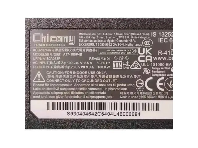 Alt view image 2 of 2 - Chicony 20V 9A 180W A17-180P4B A180A063P Power Supply AC Adapter For MSI GF66 GF75 CREATOR Z16 A11UET Laptop Charger
