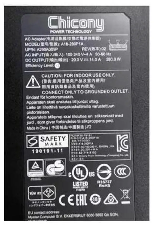 Alt view image 2 of 2 - 20V 14A 280W Chicony A18-280P1A AC Power Adapter For MSI GE66 GE76 GP76 ADP-280BB B A17-230P1B Gaming Laptop Charger