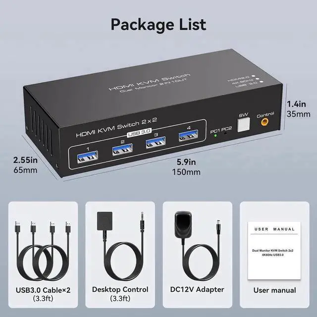 Alt view image 7 of 7 - Dual Monitor HDMI KVM Switch, 2 Port HDMI KVM Switch Support 4K@60Hz USB 3.0 KVM Switches for 2 Computers Share 2 Monitors and 4 USB 3.0 Ports Such as Keyboards, Mice Printers and U Disk