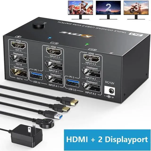 Main image of Triple Monitors KVM Switch HDMI 2 Displayport USB 3.0 KVM Switch 8K@60Hz, 4K@144Hz 3 Monitors 2 Computers KVM with 4 USB 3.0 Ports Included KVM Cables,HD-MI 8K@60Hz/4K@60Hz,DP 8K@30Hz/4K@144Hz