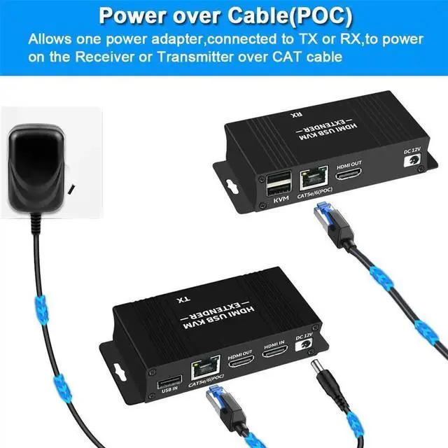 Alt view image 3 of 7 - 60M HDMI KVM USB Extender Over IP Over Ethernet 1080p HD Video Over Cat5e Cat6 Ethernet Cable 60M (196ft) for Mouse and Keyboard Control Remote Signals (Black)