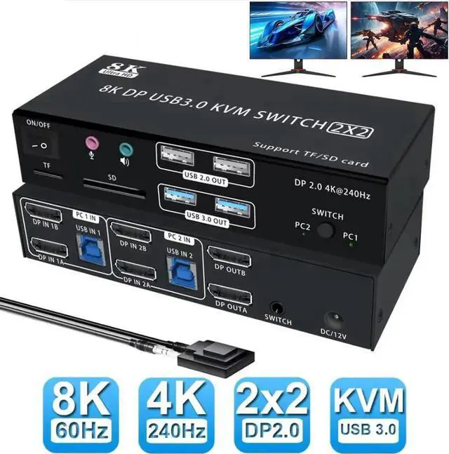 Main image of 4K@240Hz Dual Monitor DP 2.0 KVM Switch, 8K@60Hz USB 3.0 Displayport KVM Switch 2 in 2 out, Displayport KVM Switch 2 Monitors 2 PCs, with Audio Microphone Output and 4 USB Ports & SD/TF Solts