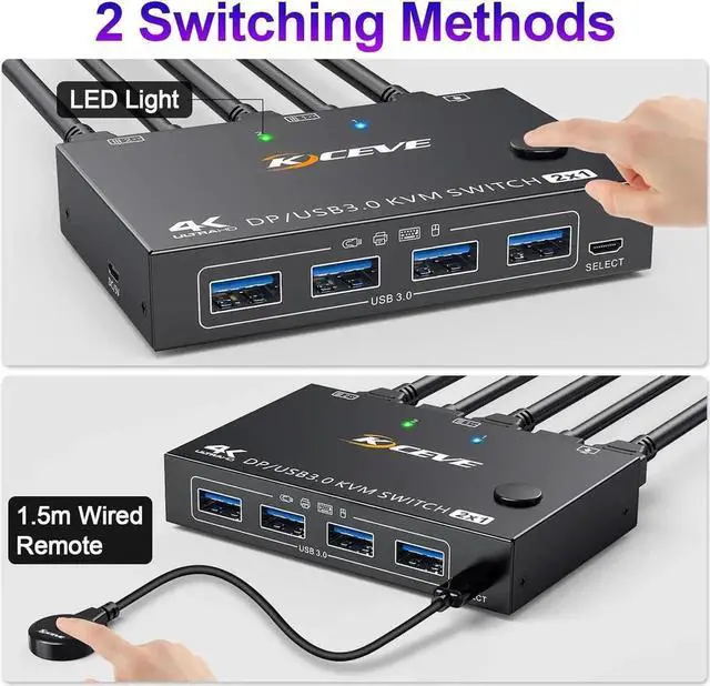 Alt view image 2 of 7 - Aomoproing USB 3.0 KVM Switch Displayport 4K@144Hz, 2 Port Displayport KVM Switch for 2 PCs 1 Monitor 8K@30Hz, DP KVM Switch 2 in 1 Out for 2 PC Share 4 USB 3.0 Device Keyboard Mouse Monitor with Wire