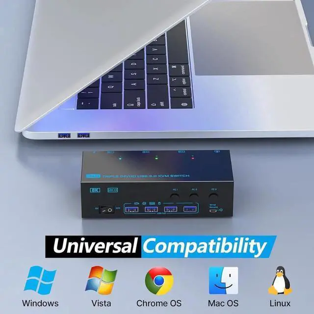 Alt view image 6 of 7 - KVM Switch 3 Monitors 3 Computers, 8K@60Hz 4K@144Hz Triple Monitor HDMI + 2 DP KVM Switch, 1 HDMI + 2 Displayport KVM Switch with 4 USB 3.0 Ports, 3 Monitor KVM with Power Adapter, Wired Remote