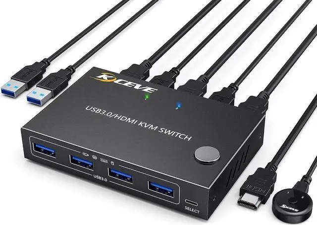 Main image of 2 Port HDMI KVM Switch 2 in 1 Out, USB 3.0 HDMI KVM Switch 4K@60Hz 2K@144Hz Simulation EDID for 2 Computers Share 1 Monitor and Keyboard Mouse Printer with Remote and KVM Cables