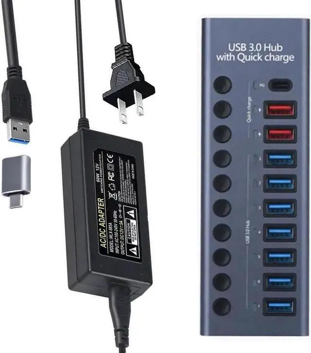 Main image of Powered USB Hub 3.0 Aluminum, 10-Port USB Splitter Hub with Smart Charging Ports, Individual On/Off Switches and 12V/5A Power Adapter USB Extension for MacBook, Mac Pro/Mini and More
