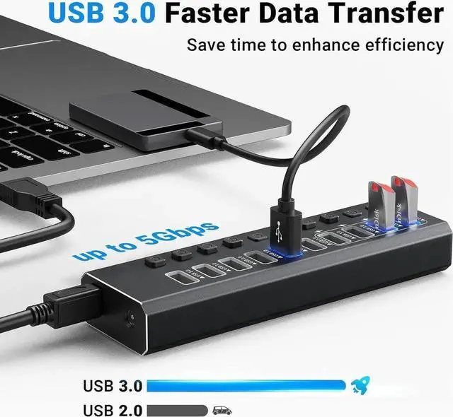 Alt view image 7 of 7 - Powered USB Hub, 10-Port USB 3.0 Hub with 4 Smart Charging, Individual Switches and 12V Power Adapter, Aluminum USB Port Expander for La