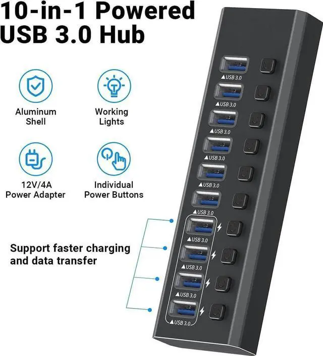 Alt view image 3 of 7 - Powered USB Hub, 10-Port USB 3.0 Hub with 4 Smart Charging, Individual Switches and 12V Power Adapter, Aluminum USB Port Expander for La