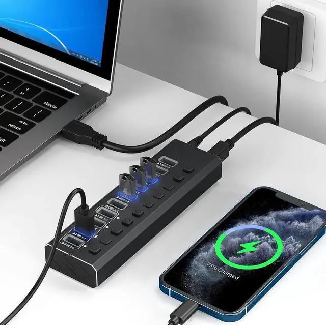 Alt view image 4 of 7 - Powered USB Hub, 10-Port USB 3.0 Hub with 4 Smart Charging, Individual Switches and 12V Power Adapter, Aluminum USB Port Expander for La