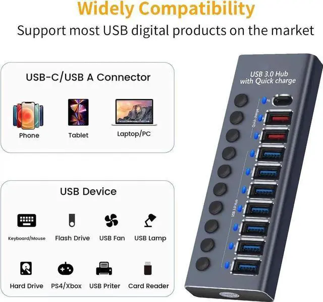 Alt view image 6 of 7 - Aluminum Powered USB 3.0 Hub,10-Port USB Hub Splitter (7 USB 3.0 Data Transmission Ports + 2 Smart Charging Ports + 1 PD Charging Port), with 60W (12V/5A) Power Adapter and Independent Switch 7 Ports