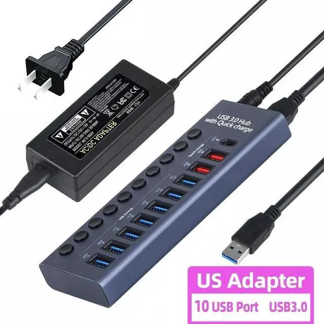Main image of Powered USB Hub,10 Ports USB 3.0 Data Hub with Smart Charging, Individual On/Off Switches, 12V5A 60W Power Adapter, USB Hub Splitter Extension for MacBook, Mac Pro/Mini, iMac, Laptop/PC