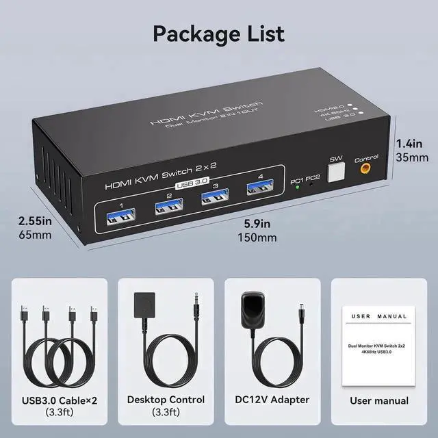 Alt view image 7 of 7 - Dual Monitor HDMI KVM Switch, 2 Port HDMI KVM Switch Support 4K@60Hz USB 3.0 KVM Switches for 2 Computers Share 2 Monitors and 4 USB 3.0 Ports Such as Keyboards, Mice Printers and U Disk