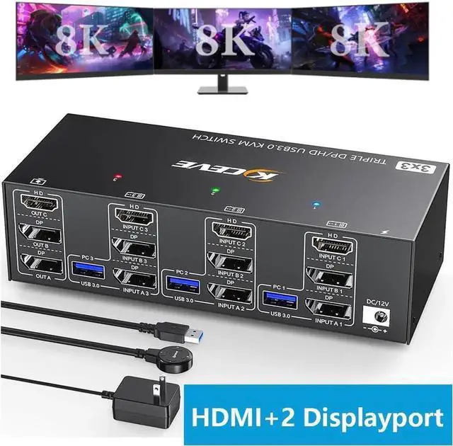 Main image of Triple Monitor KVM Switch 8K@60Hz, HDMI + 2*Displayport KVM Switch 3 Monitors 3 Computers, KVM Switches with 4 USB 3.0 Port for Keyboard Mouse Printer, Wired Remote and Power Adapter Included