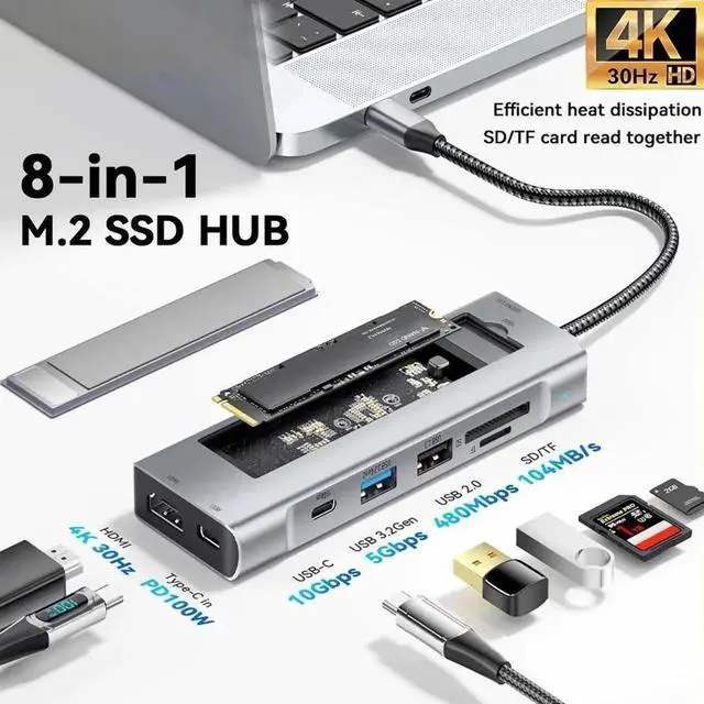 Main image of USB C Docking Station, USB C Laptop Hub Multiport Adapter Dongle Dock with 4K HDMI, M.2 SSD Enclosure, 100W PD, 10Gbps USB C, USB3.2 Ports, USB-A, TF/SD Reader for Type C Laptops