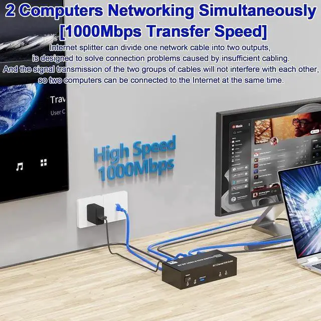 Alt view image 2 of 7 - 8K@60Hz DP USB3.0 KVM Switch 3 Monitors 2 Computers 4K@144Hz, Displayport KVM Switch Triple Monitor for 2 PCs Share 3 Monitors, RJ45 Ethernet Splitter 1 to 2, Audio Mic Port & 3 USB3.0 Devices