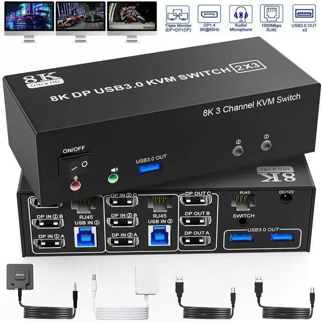 Main image of 8K@60Hz DP USB3.0 KVM Switch 3 Monitors 2 Computers 4K@144Hz, Displayport KVM Switch Triple Monitor for 2 PCs Share 3 Monitors, RJ45 Ethernet Splitter 1 to 2, Audio Mic Port & 3 USB3.0 Devices