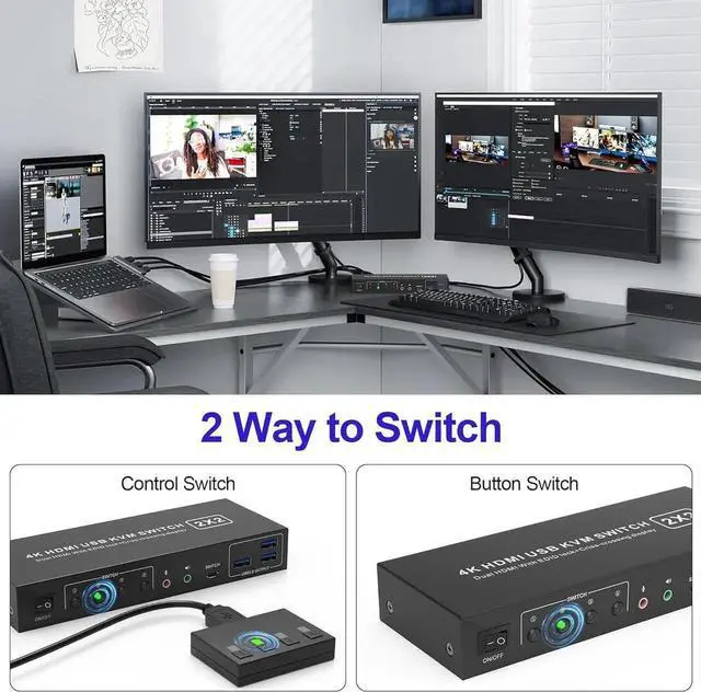 Alt view image 7 of 7 - USB 3.0 HDMI KVM Switch 2 Montiors 2 Computers, 4K@60Hz Dual Monitor KVM Switch with 3 USB 3.0 Ports and Audio, 2 Port KVM Switch with Dual Monitor Cross Display for 2 Computers