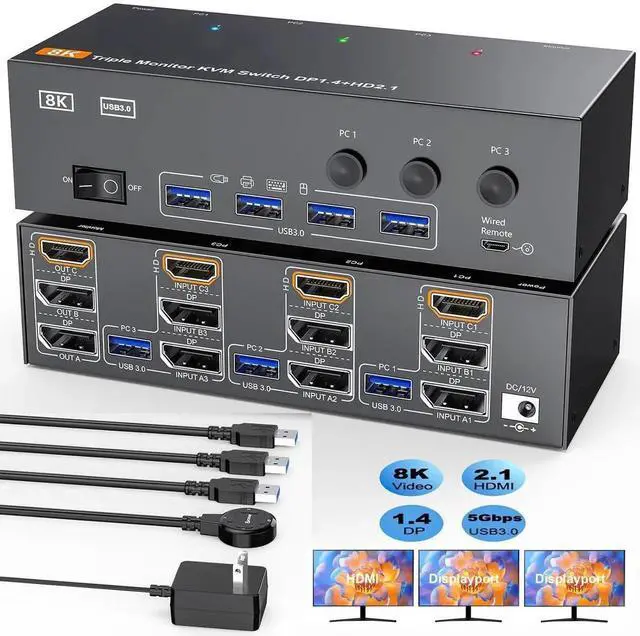 Main image of 8K/4K KVM Switch 3 Monitors 3 Computers 2 Displayport 1.4 + HDMI 2.1 Triple Monitor USB 3.0 KVM Switches, DP 1.4 Supports 8K@30Hz/4K@144Hz, HDMI Supports 8K@60Hz /4K@120Hz with