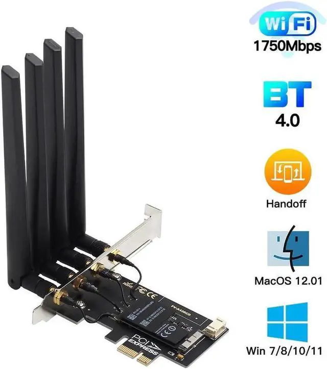 Alt view image 6 of 6 - PCI-E Wifi Card 802.11AC 1750Mbps Dual Band BCM94360CD Chip Wifi Bluetooth 4.0 Network Card for Windows 7/8/10/11 (Plug and Play for MacOS) support Airdrop Handoff