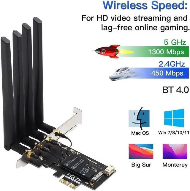Alt view image 5 of 6 - PCI-E Wifi Card 802.11AC 1750Mbps Dual Band BCM94360CD Chip Wifi Bluetooth 4.0 Network Card for Windows 7/8/10/11 (Plug and Play for MacOS) support Airdrop Handoff