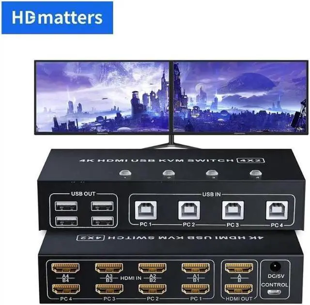 Main image of Dual monitor HDMI KVM Switch 4 port USB HDMI KVM Switch 4K 60Hz KVM HDMI 2.0 Switch Switcher for PC monitor mouse keyboard share