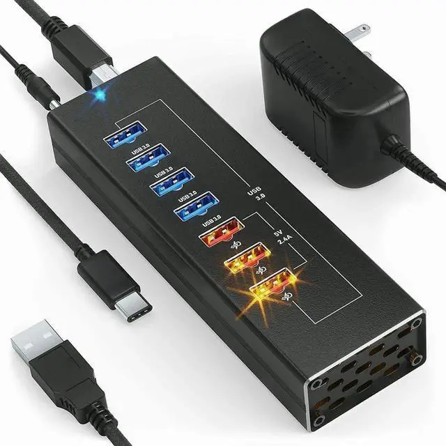 Main image of Powered USB Hub - Multi-Port USB Hub with 7 USB 3.0 Ports, 3 Fast Charging USB 3 0 Ports, with Cords C and A, Power USB HUB Adapter