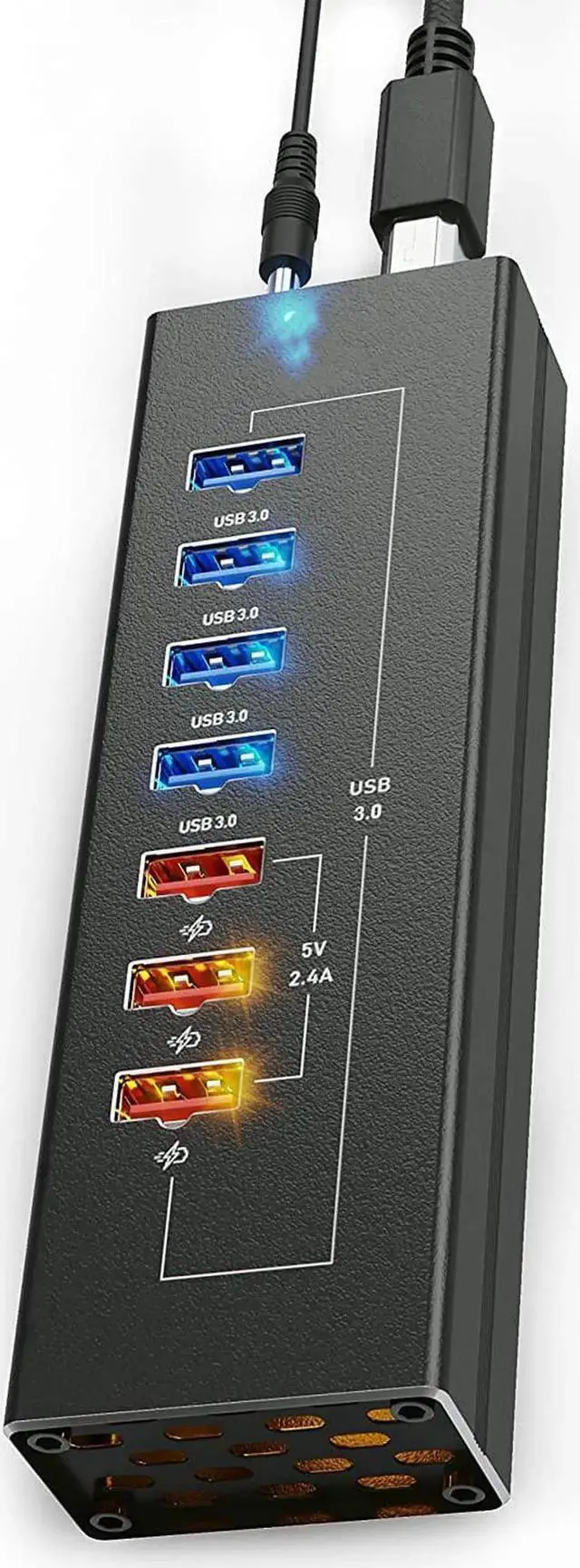 Alt view image 3 of 7 - Powered USB Hub - Multi-Port USB Hub with 7 USB 3.0 Ports, 3 Fast Charging USB 3 0 Ports, with Cords C and A, Power USB HUB Adapter