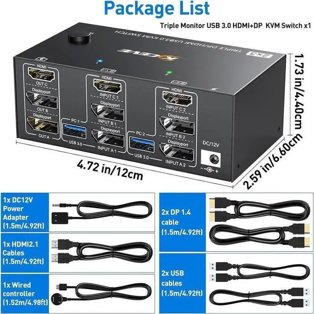 Alt view image 2 of 7 - Triple Monitors KVM Switch HDMI 2 Displayport USB 3.0 KVM Switch 8K@60Hz, 4K@144Hz 3 Monitors 2 Computers KVM with 4 USB 3.0 Ports Included KVM Cables,HD-MI 8K@60Hz/4K@60Hz,DP 8K@30Hz/4K@144Hz