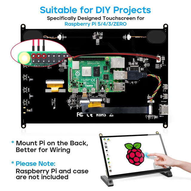 Alt view image 2 of 7 - 10.1" Touchscreen Monitor, 1024x600 IPS Raspberry Pi Screen, HDMI 5-Point Touch, Dual Speakers, Plug & Play, Pi 5/4/3/Zero, Home Assistant, Gaming, PC Sub-Monitor, 3 Display Modes, Easy Setup