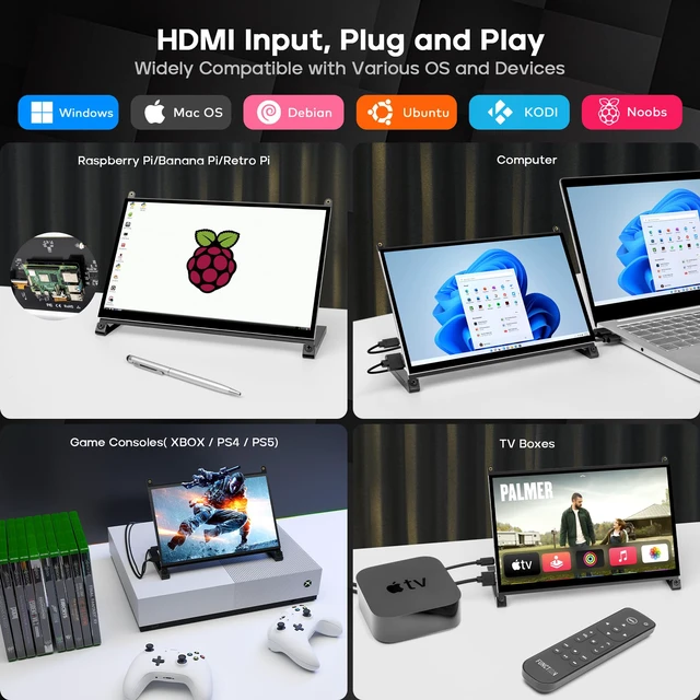 Alt view image 7 of 7 - 10.1" Touchscreen Monitor, 1024x600 IPS Raspberry Pi Screen, HDMI 5-Point Touch, Dual Speakers, Plug & Play, Pi 5/4/3/Zero, Home Assistant, Gaming, PC Sub-Monitor, 3 Display Modes, Easy Setup