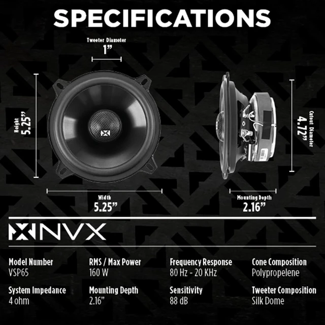 Alt view image 4 of 7 - VSP525 480W Peak (180W RMS) 5.25" V-Series 2-Way Coaxial Speakers with 25mm Silk Dome Tweeters