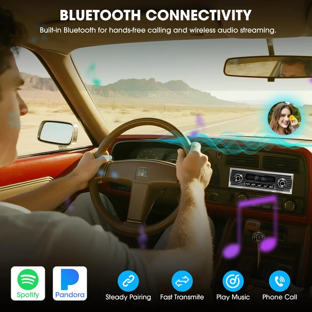 Alt view image 2 of 6 - Bluetooth Retro Radio for Classic Vehicles Single Din Vintage Car Stereo AM FM Tuner USB AUX Input Subwoofer RCA Output
