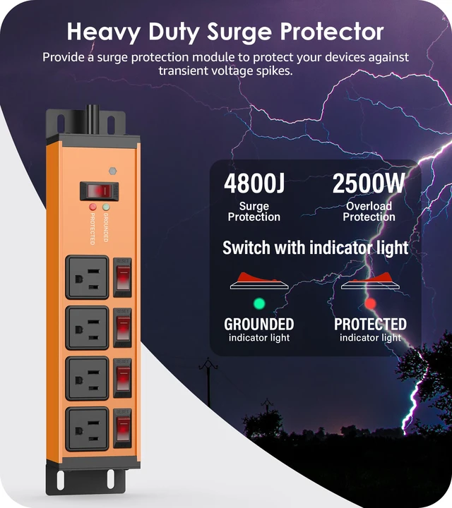 Alt view image 2 of 7 - Magnetic Heavy Duty Surge Protector, 12 Gauge, Orange, 25FT, 1 Individual Switches, Outdoor Extension Cord with Multiple Outlets, Wall Mount Plug Extender, Grounding, Garage Power Strip
